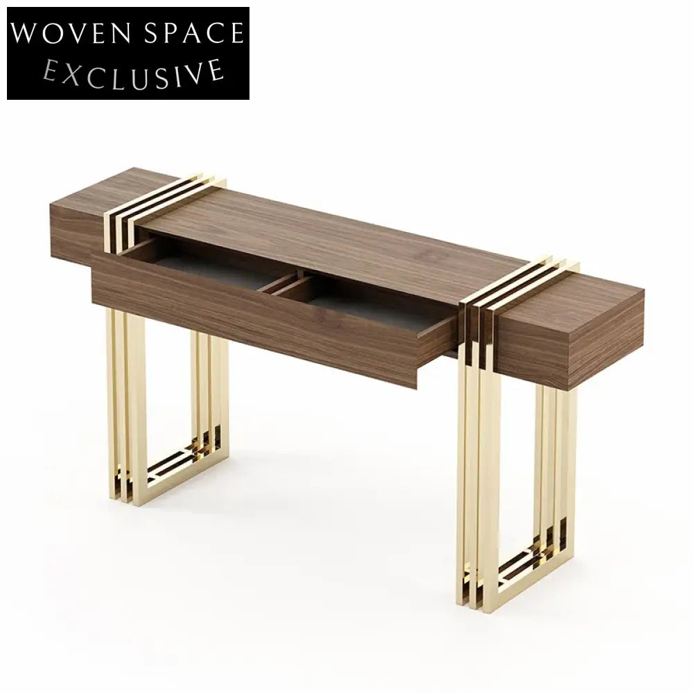 Contemporary Gold Metal Console Table with Wood Top and Storage Drawer