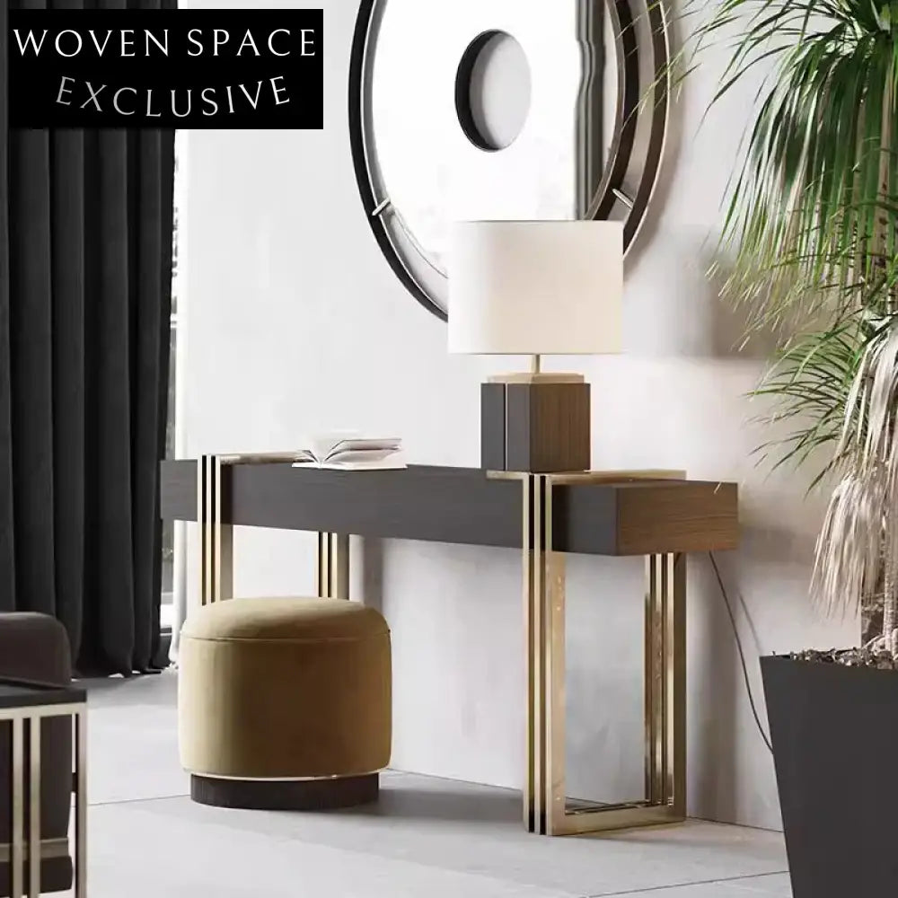 Contemporary Gold Metal Console Table with Wood Top and Storage Drawer
