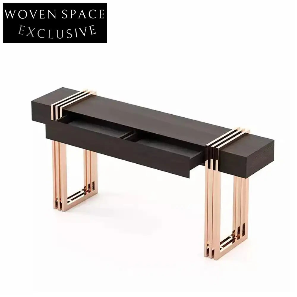 Contemporary Gold Metal Console Table with Wood Top and Storage Drawer