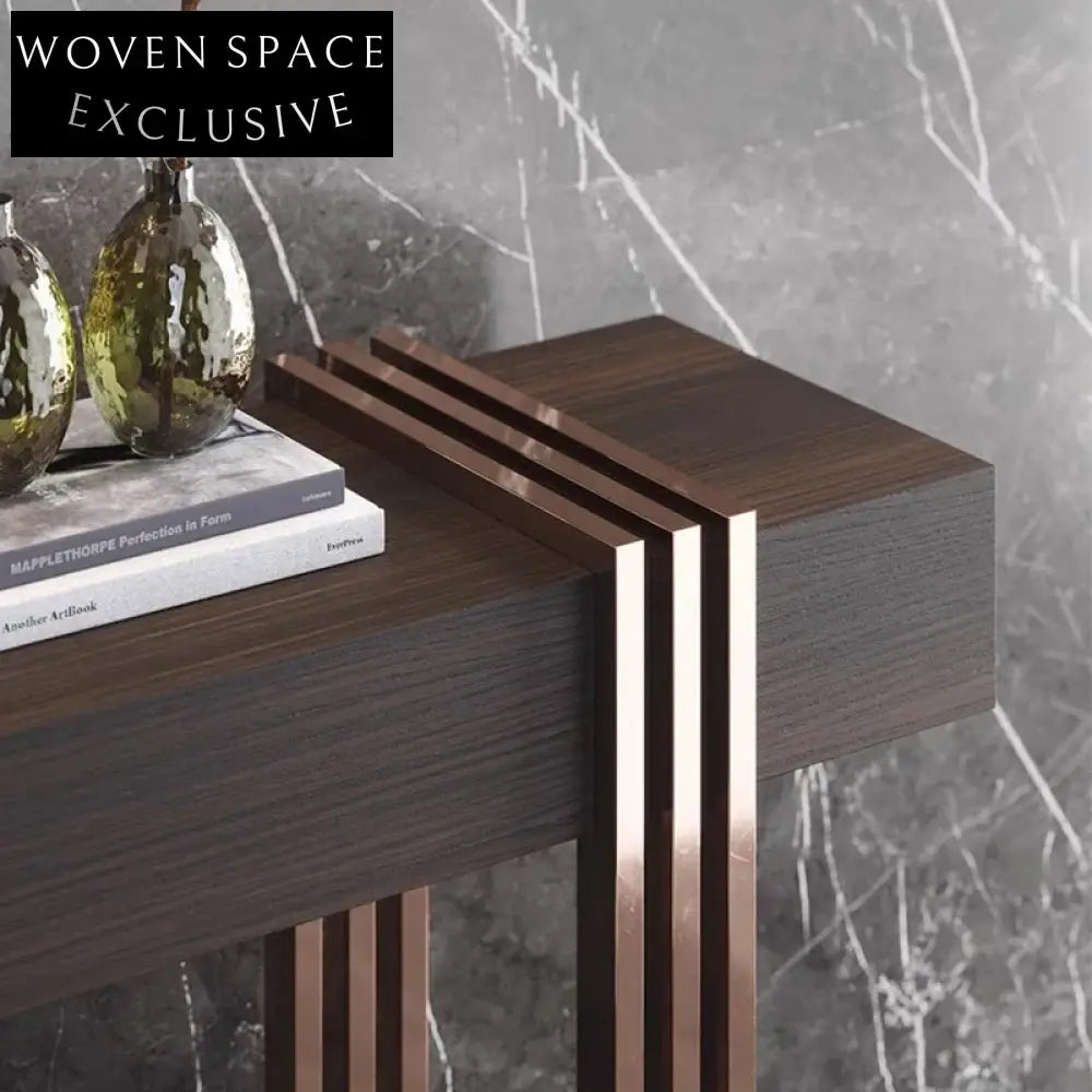 Contemporary Gold Metal Console Table with Wood Top and Storage Drawer