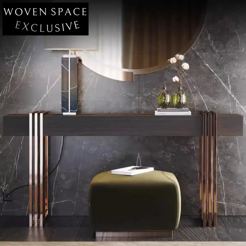 Contemporary Gold Metal Console Table with Wood Top and Storage Drawer