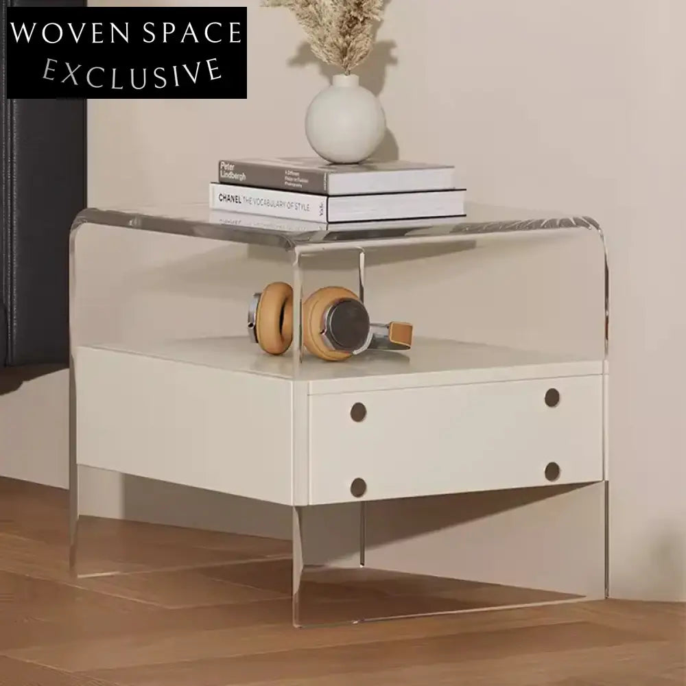 Contemporary Luxury Acrylic Wood Bedside Table with Transparent Drawer Bedroom