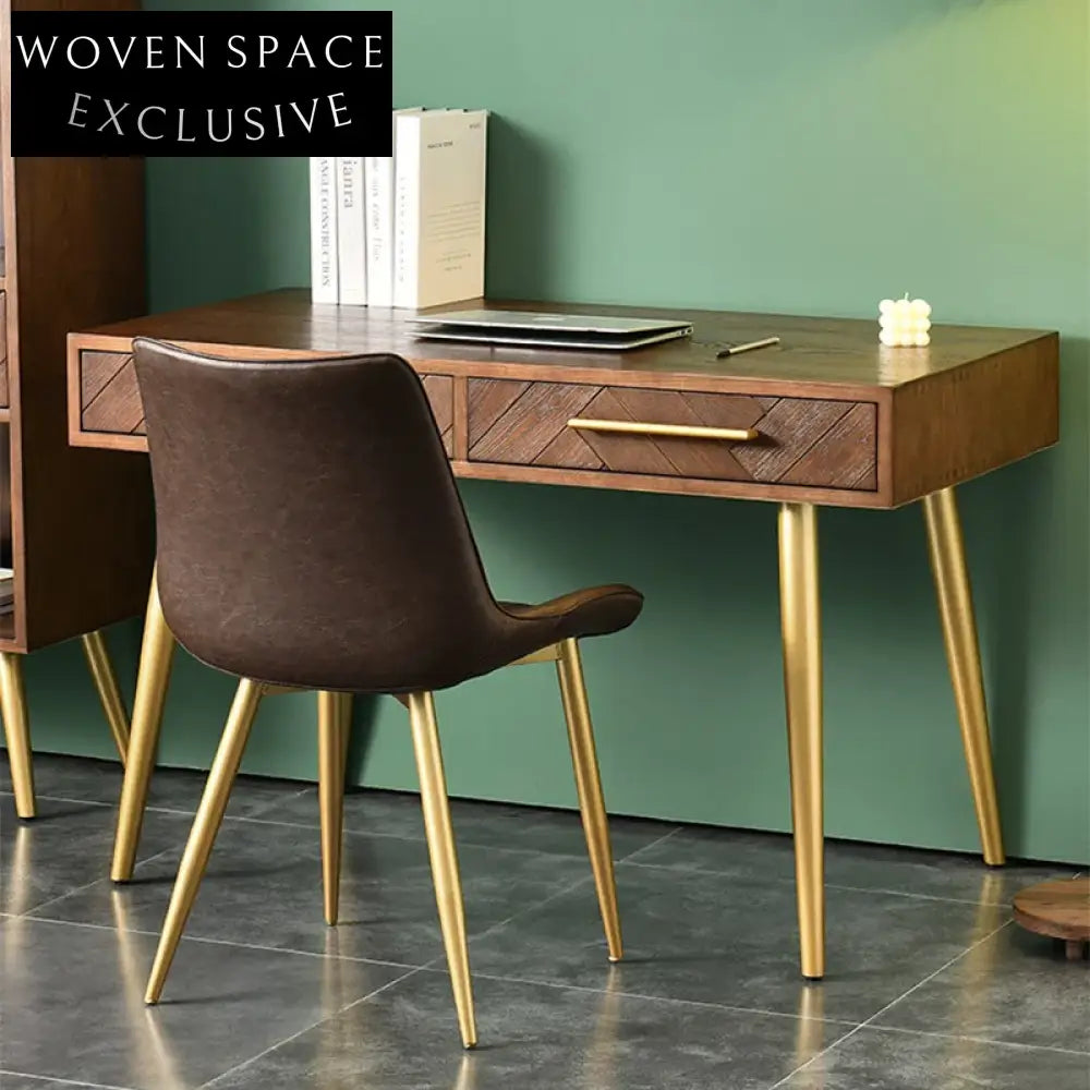Contemporary Minimalist Solid Wood Dressing Table with Metal Base, Two Drawers