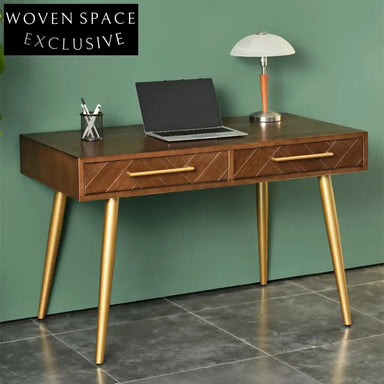 Contemporary Minimalist Solid Wood Dressing Table with Metal Base, Two Drawers