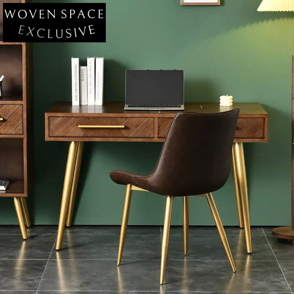 Contemporary Minimalist Solid Wood Dressing Table with Metal Base, Two Drawers