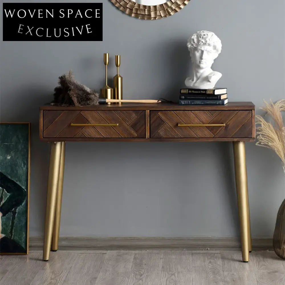 Contemporary Minimalist Solid Wood Dressing Table with Metal Base, Two Drawers