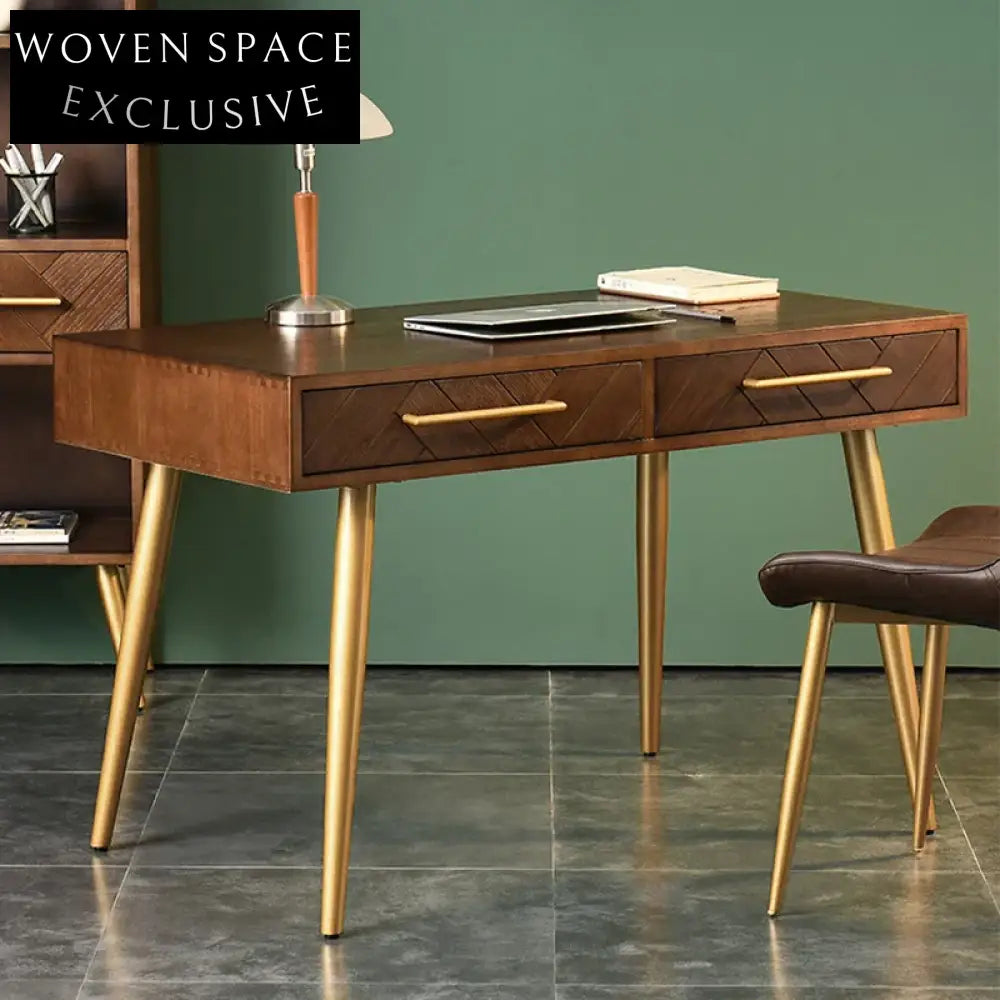Contemporary Minimalist Solid Wood Dressing Table with Metal Base, Two Drawers