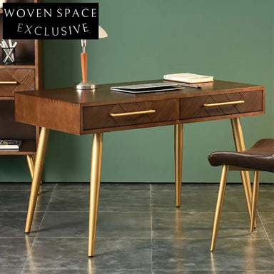 Contemporary Minimalist Solid Wood Dressing Table with Metal Base, Two Drawers