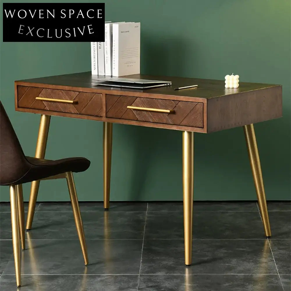 Contemporary Minimalist Solid Wood Dressing Table with Metal Base, Two Drawers