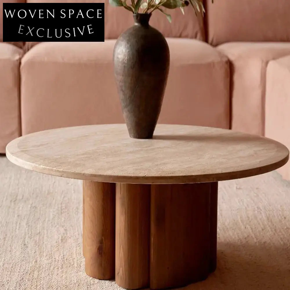 Contemporary Minimalist Travertine Stone Round Top Living Room Coffee Table