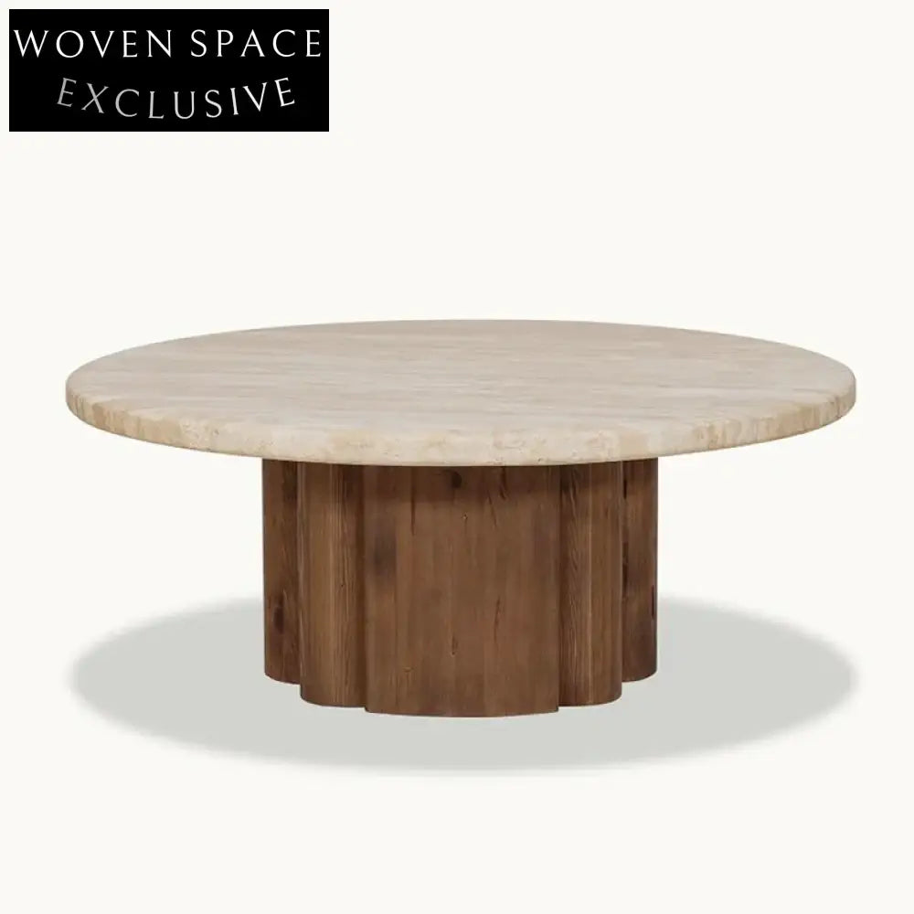 Contemporary Minimalist Travertine Stone Round Top Living Room Coffee Table