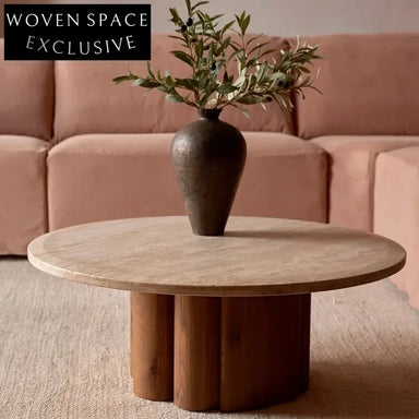 Contemporary Minimalist Travertine Stone Round Top Living Room Coffee Table