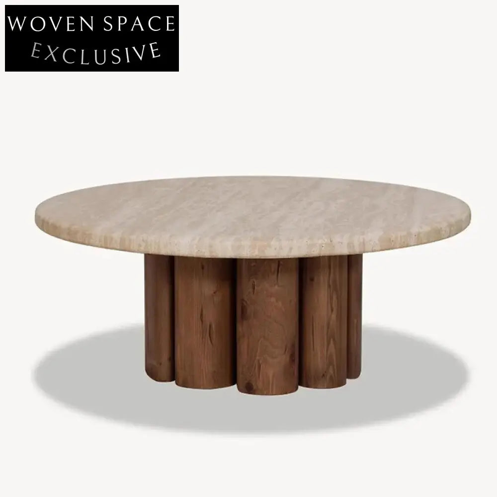 Contemporary Minimalist Travertine Stone Round Top Living Room Coffee Table