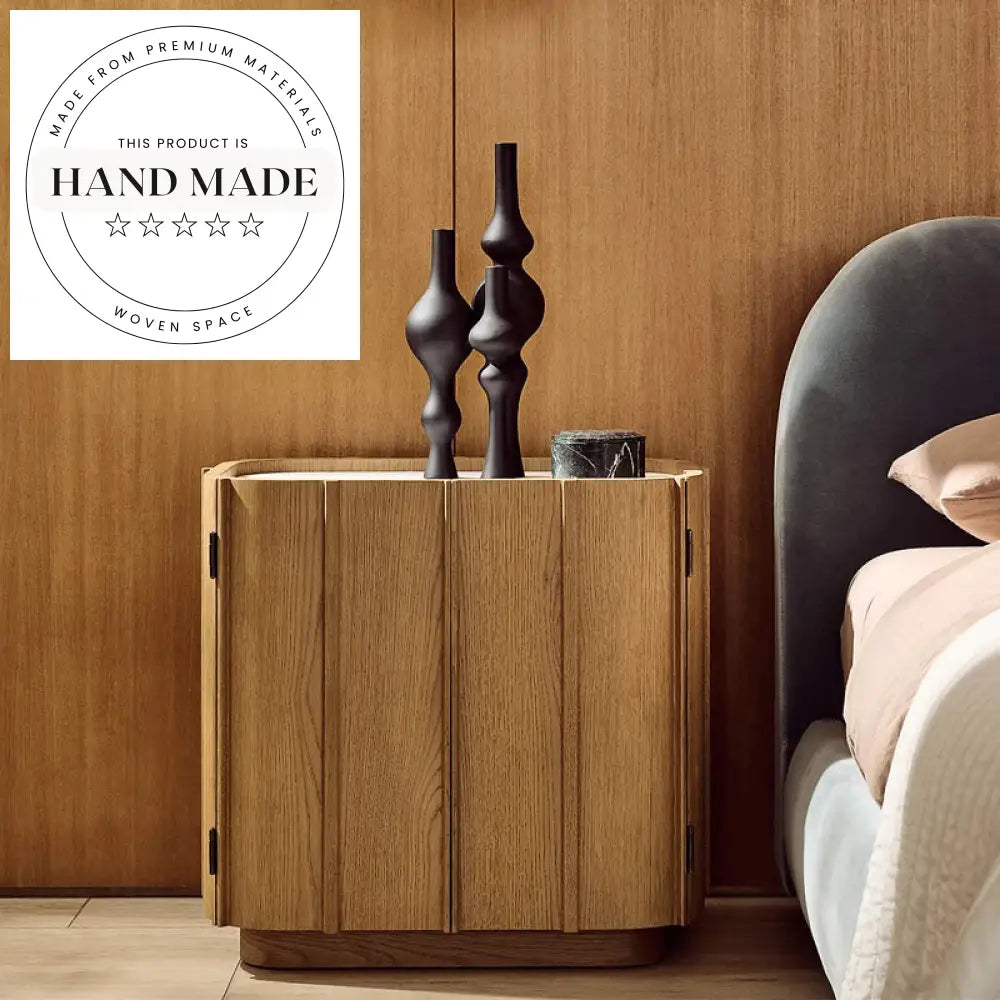 Contemporary Natural Oak and White Marble Top Bedside Table