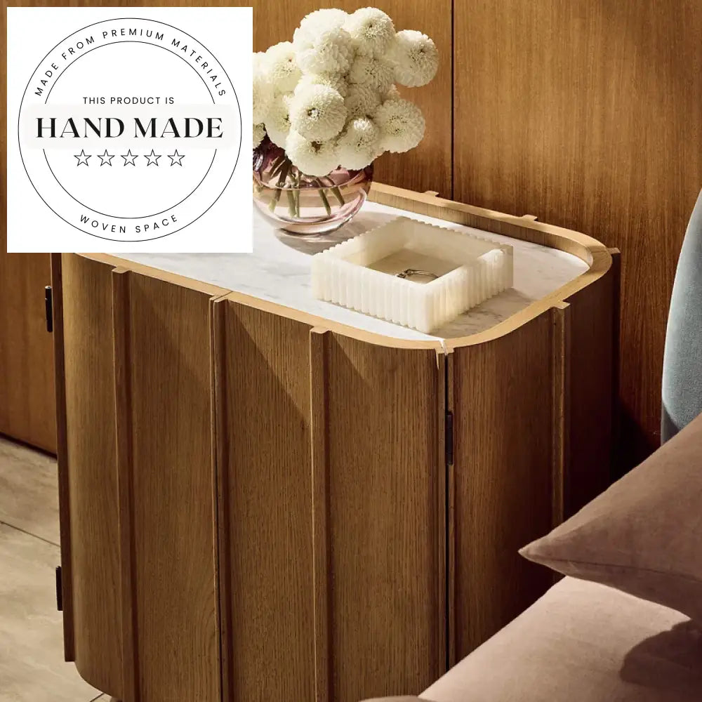 Contemporary Natural Oak and White Marble Top Bedside Table