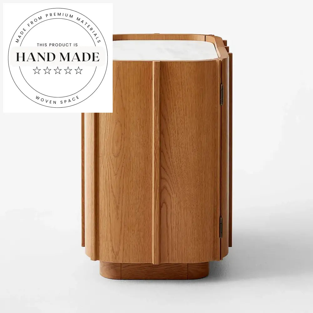 Contemporary Natural Oak and White Marble Top Bedside Table