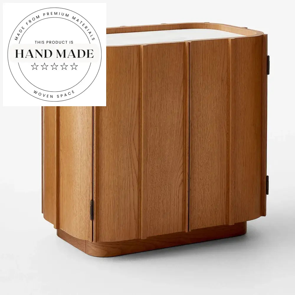 Contemporary Natural Oak and White Marble Top Bedside Table