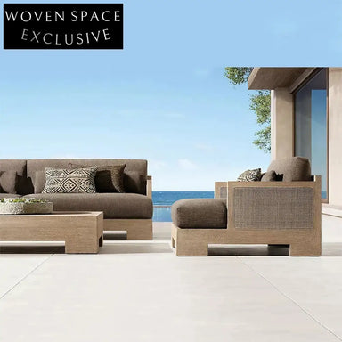 Contemporary Outdoor Modular Sectional Sofa Set with Teak Wood and Wicker