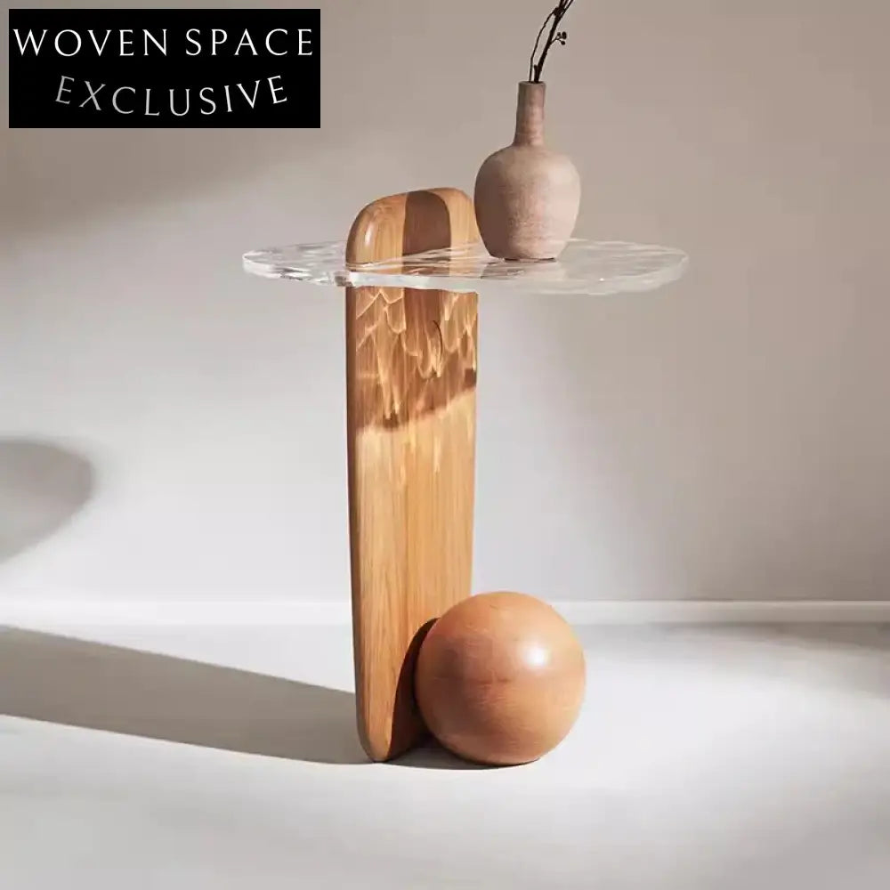 Contemporary Oval Irregular Clear Acrylic Top Wooden Base Coffee Table