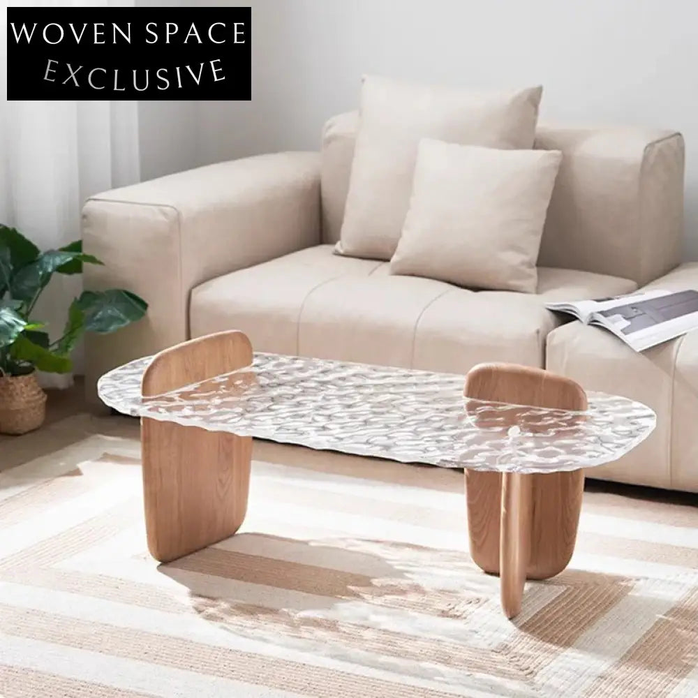 Contemporary Oval Irregular Clear Acrylic Top Wooden Base Coffee Table