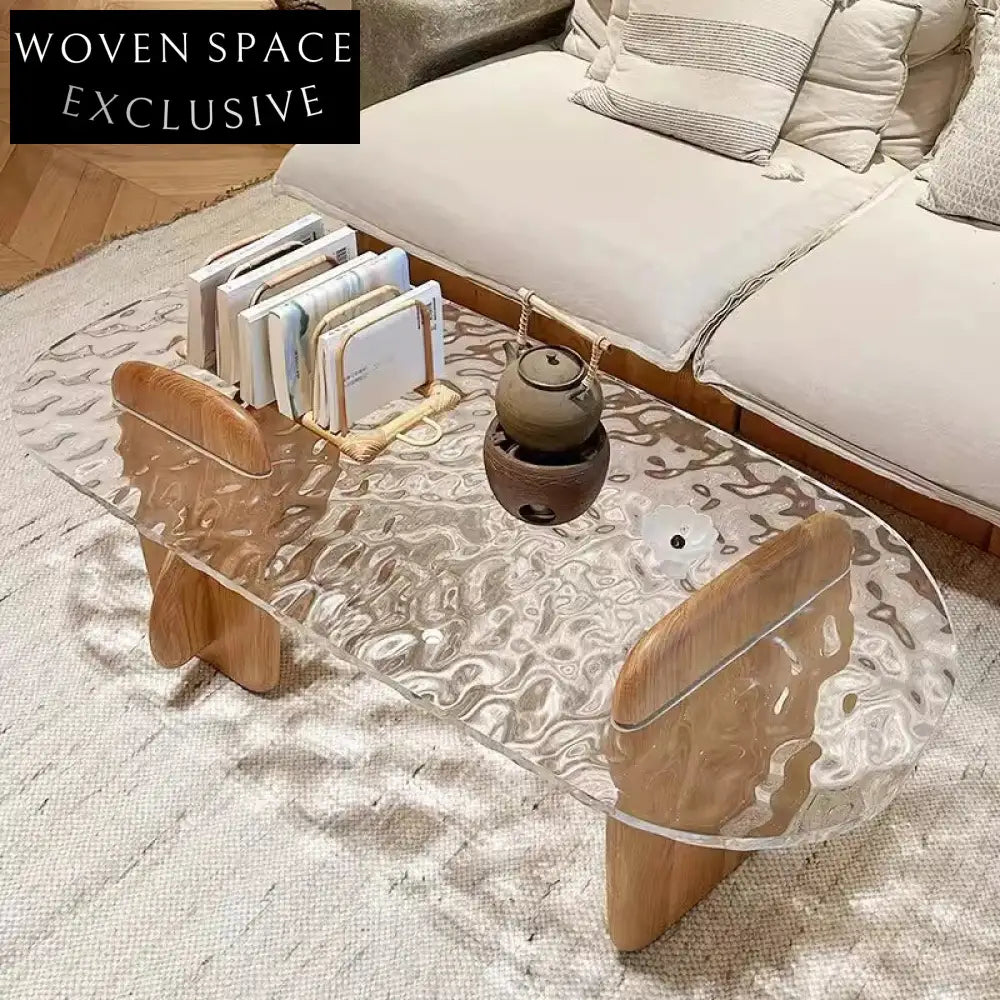 Contemporary Oval Irregular Clear Acrylic Top Wooden Base Coffee Table