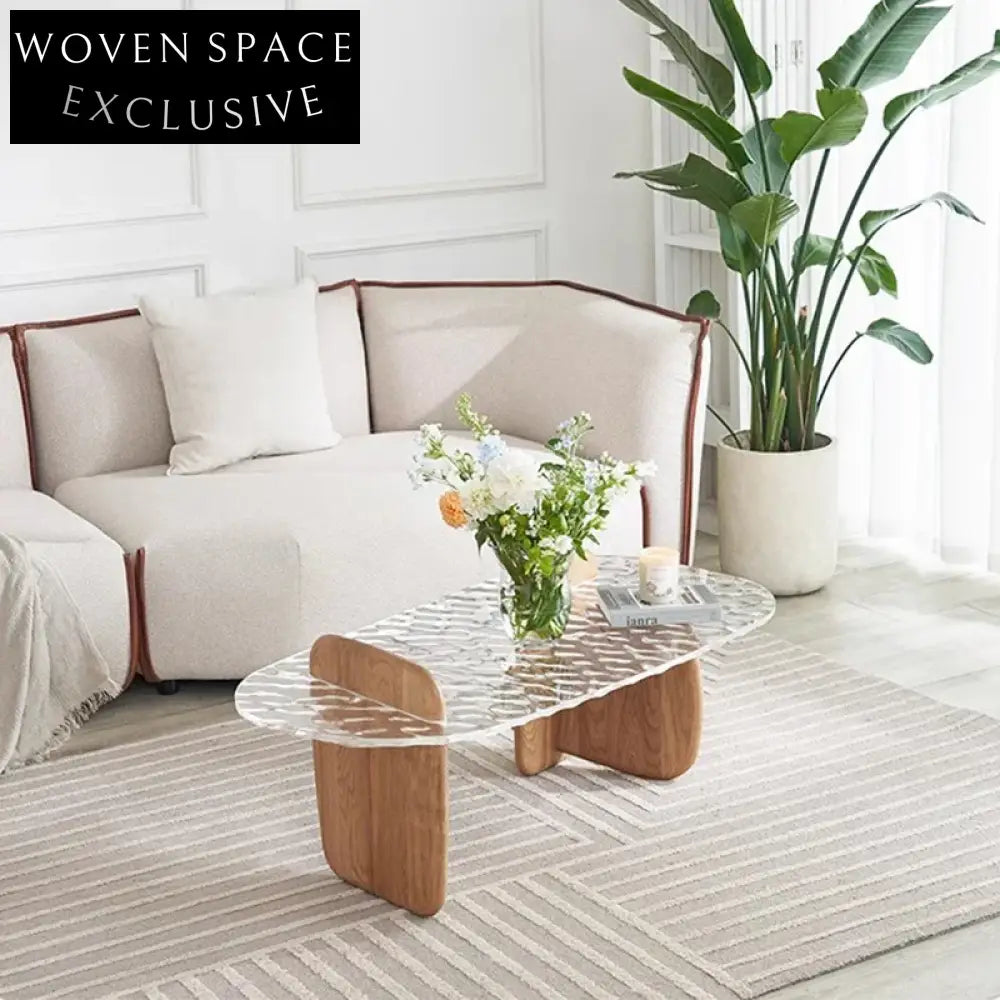 Contemporary Oval Irregular Clear Acrylic Top Wooden Base Coffee Table