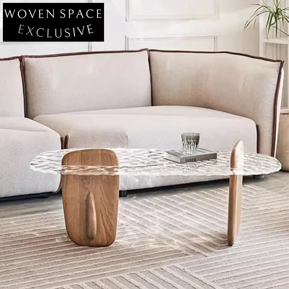 Contemporary Oval Irregular Clear Acrylic Top Wooden Base Coffee Table