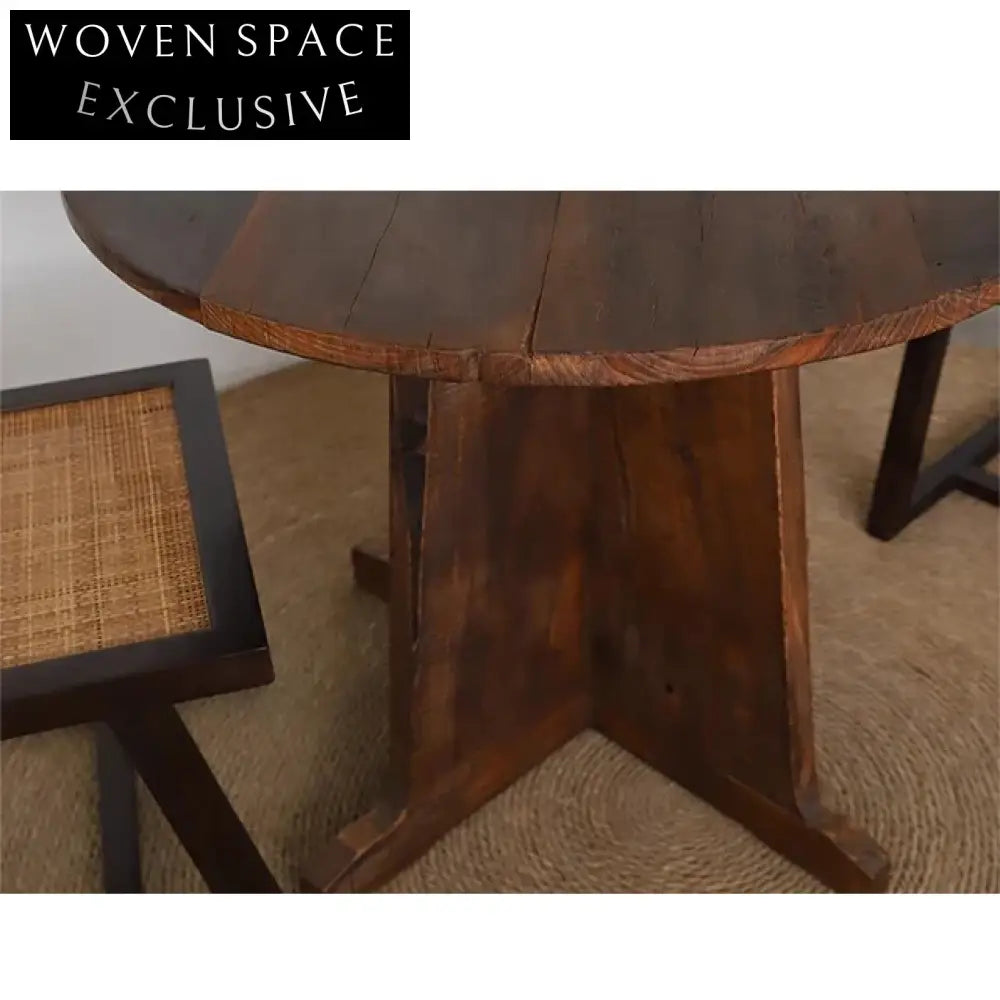 Contemporary Round Solid Elm Wood Aged Finish Coffee Table