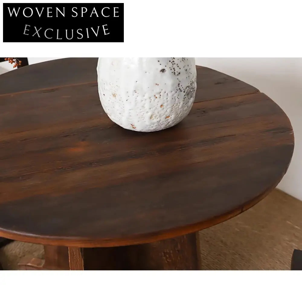 Contemporary Round Solid Elm Wood Aged Finish Coffee Table