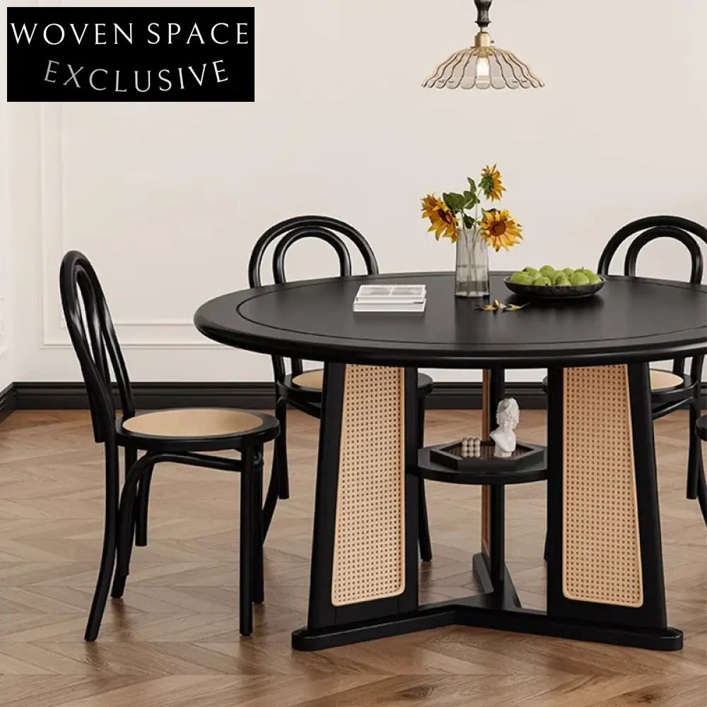 Contemporary Solid Wood Round Dining Table with Woven Rattan Base, Black Finish