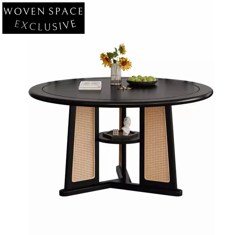 Contemporary Solid Wood Round Dining Table with Woven Rattan Base, Black Finish