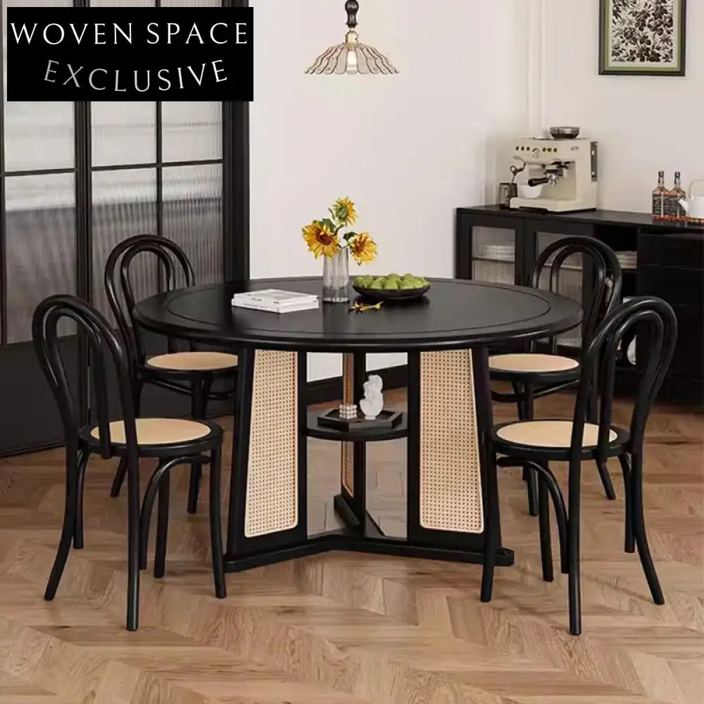 Contemporary Solid Wood Round Dining Table with Woven Rattan Base, Black Finish