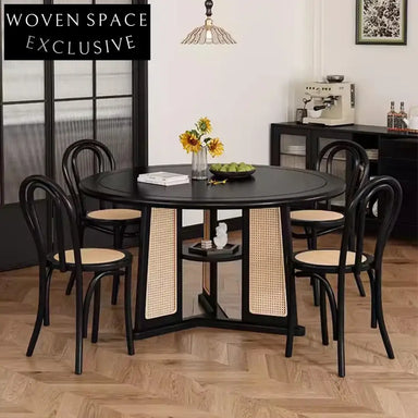 Contemporary Solid Wood Round Dining Table with Woven Rattan Base, Black Finish