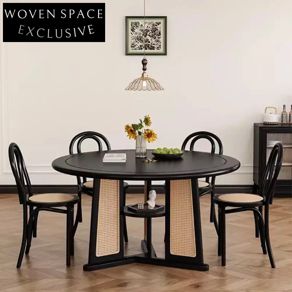 Contemporary Solid Wood Round Dining Table with Woven Rattan Base, Black Finish