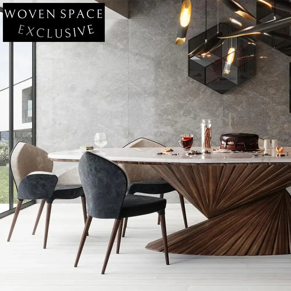 Contemporary Travertine Oval Dining Table Set with Solid Wood Base