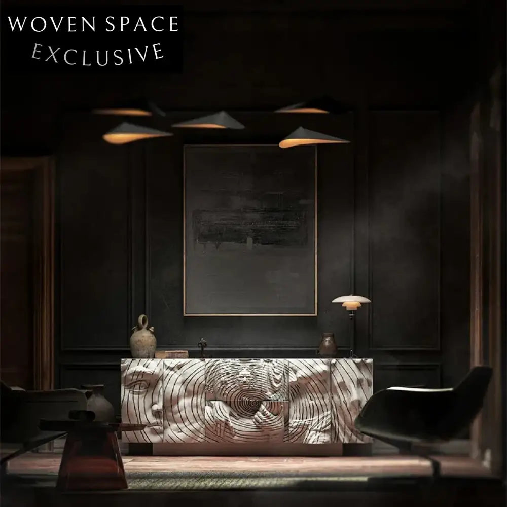 Contemporary Wood Console Table with Sculptural Design and Storage Cabinet