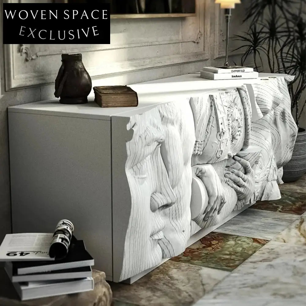 Contemporary Wood Console Table with Sculptural Design and Storage Cabinet