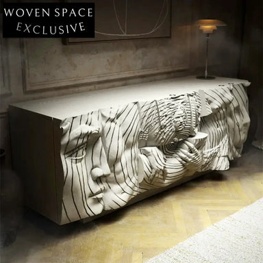 Contemporary Wood Console Table with Sculptural Design and Storage Cabinet