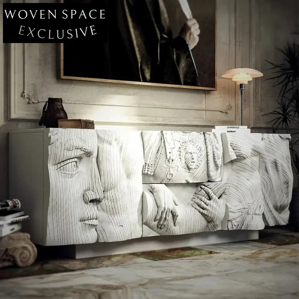 Contemporary Wood Console Table with Sculptural Design and Storage Cabinet