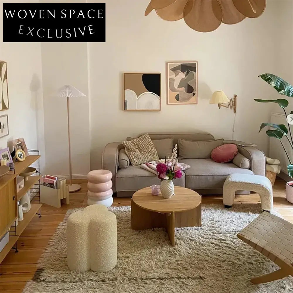 Cozy Boucle Fabric Round Ottoman: Plush Teddy Dressing Stool for Home