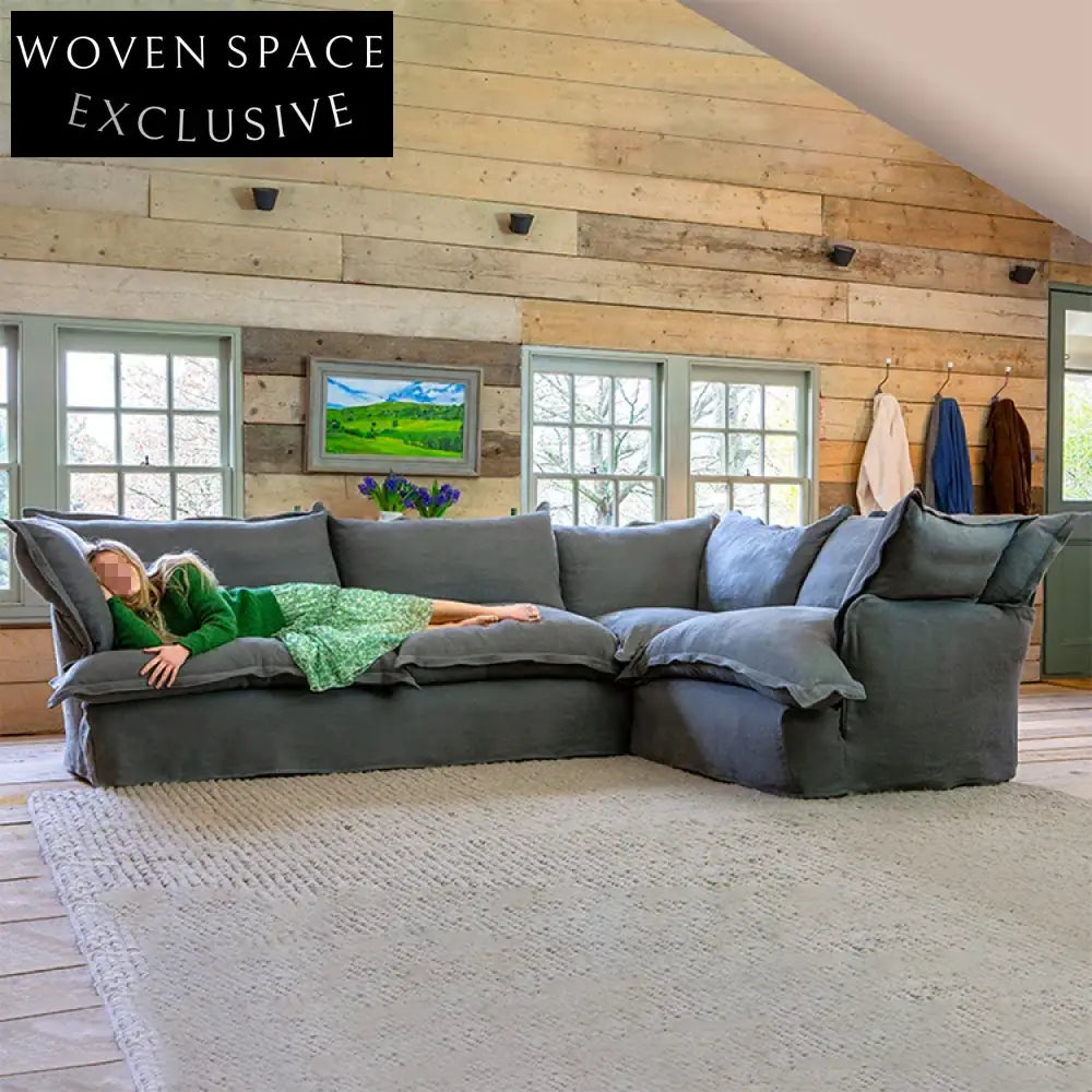 Cozy Nordic Feather-Filled Linen Fabric Solid Wood Living Room Sofa