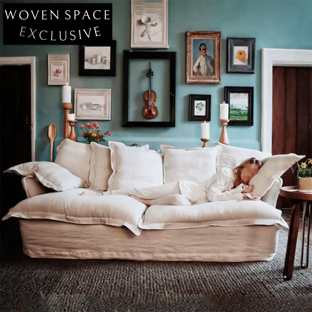 Cozy Nordic Feather-Filled Linen Fabric Solid Wood Living Room Sofa