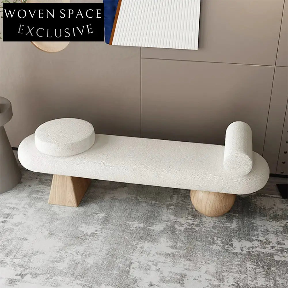 Cozy Nordic Oval Teddy Fabric Stool Bench with Modern Wooden Round Legs