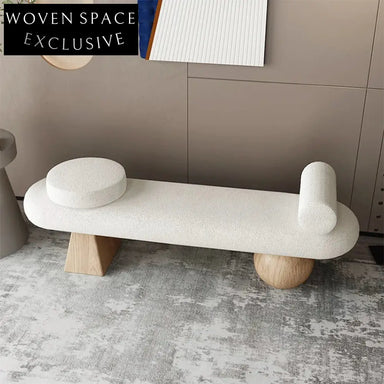 Cozy Nordic Oval Teddy Fabric Stool Bench with Modern Wooden Round Legs