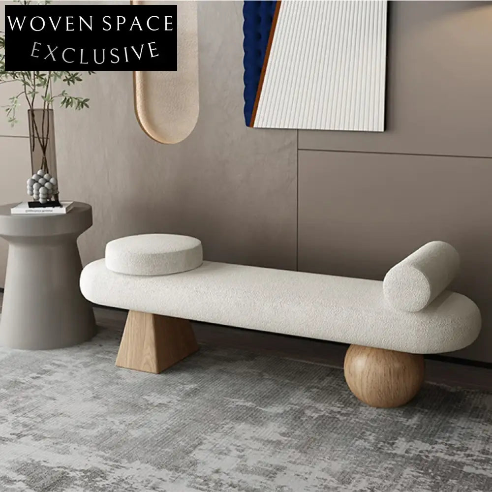 Cozy Nordic Oval Teddy Fabric Stool Bench with Modern Wooden Round Legs