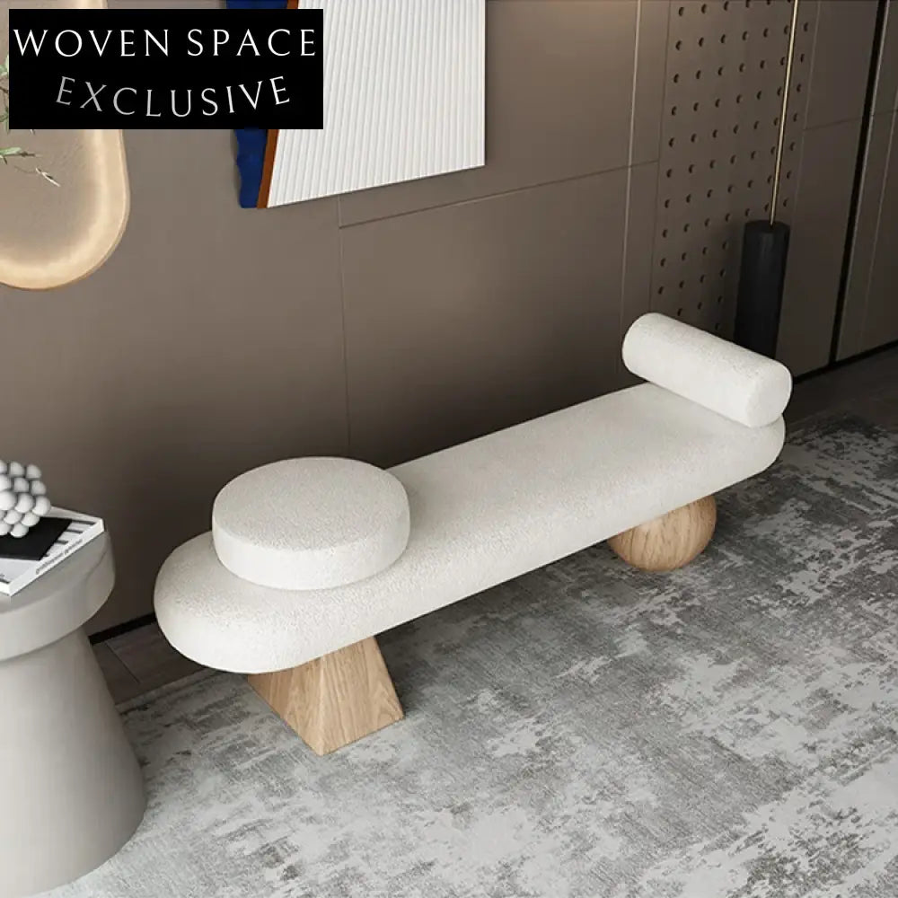 Cozy Nordic Oval Teddy Fabric Stool Bench with Modern Wooden Round Legs