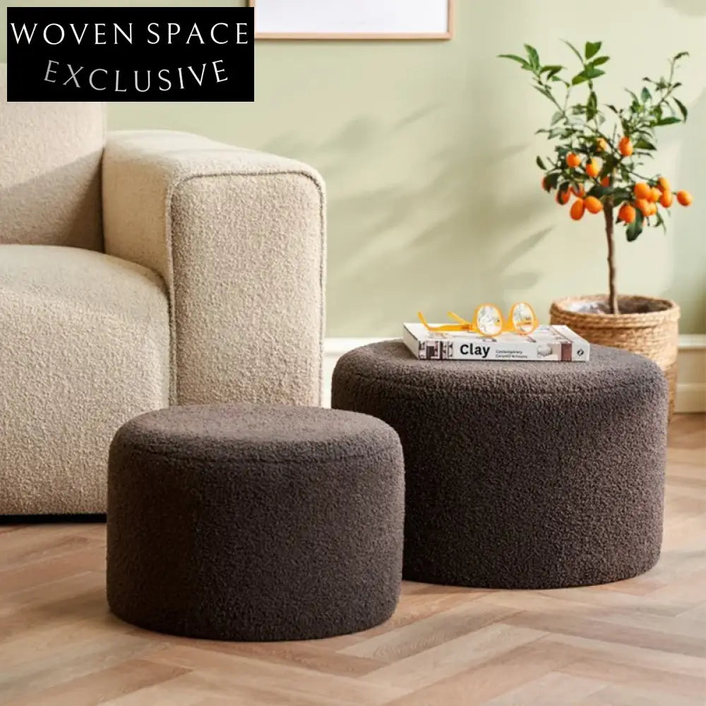 Cozy Teddy Fabric Upholstered Round Ottoman Stool for Modern Living Spaces
