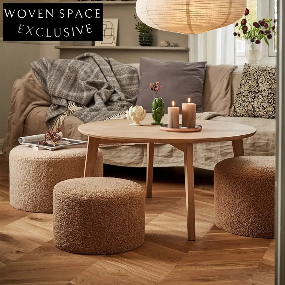 Cozy Teddy Fabric Upholstered Round Ottoman Stool for Modern Living Spaces