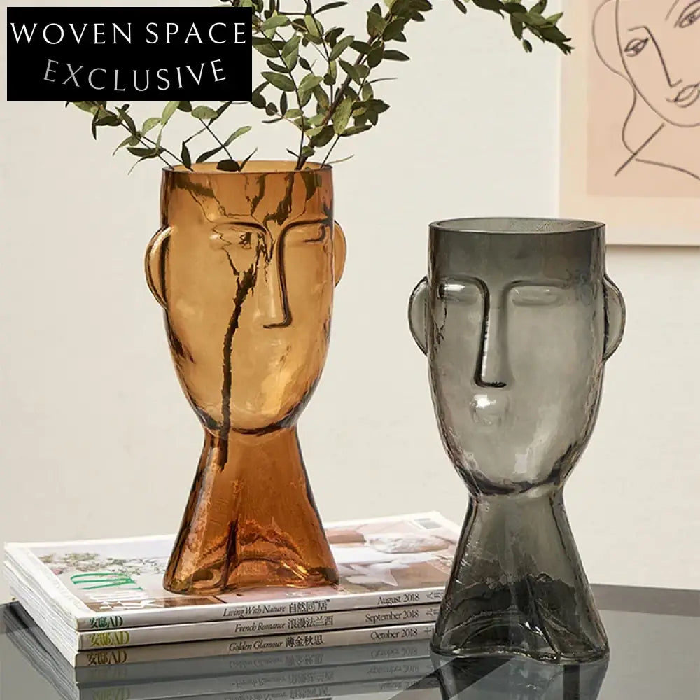 Creative Brown Smile Face Glass Decorative Vase for Modern Home Living Room
