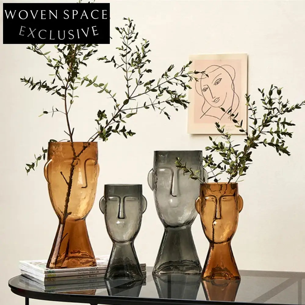 Creative Brown Smile Face Glass Decorative Vase for Modern Home Living Room